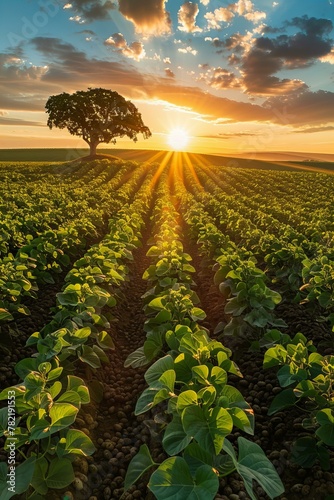 Sunset over a green soybean field. Agriculture and farming landscape photography. Rural beauty © kilimanjaro 