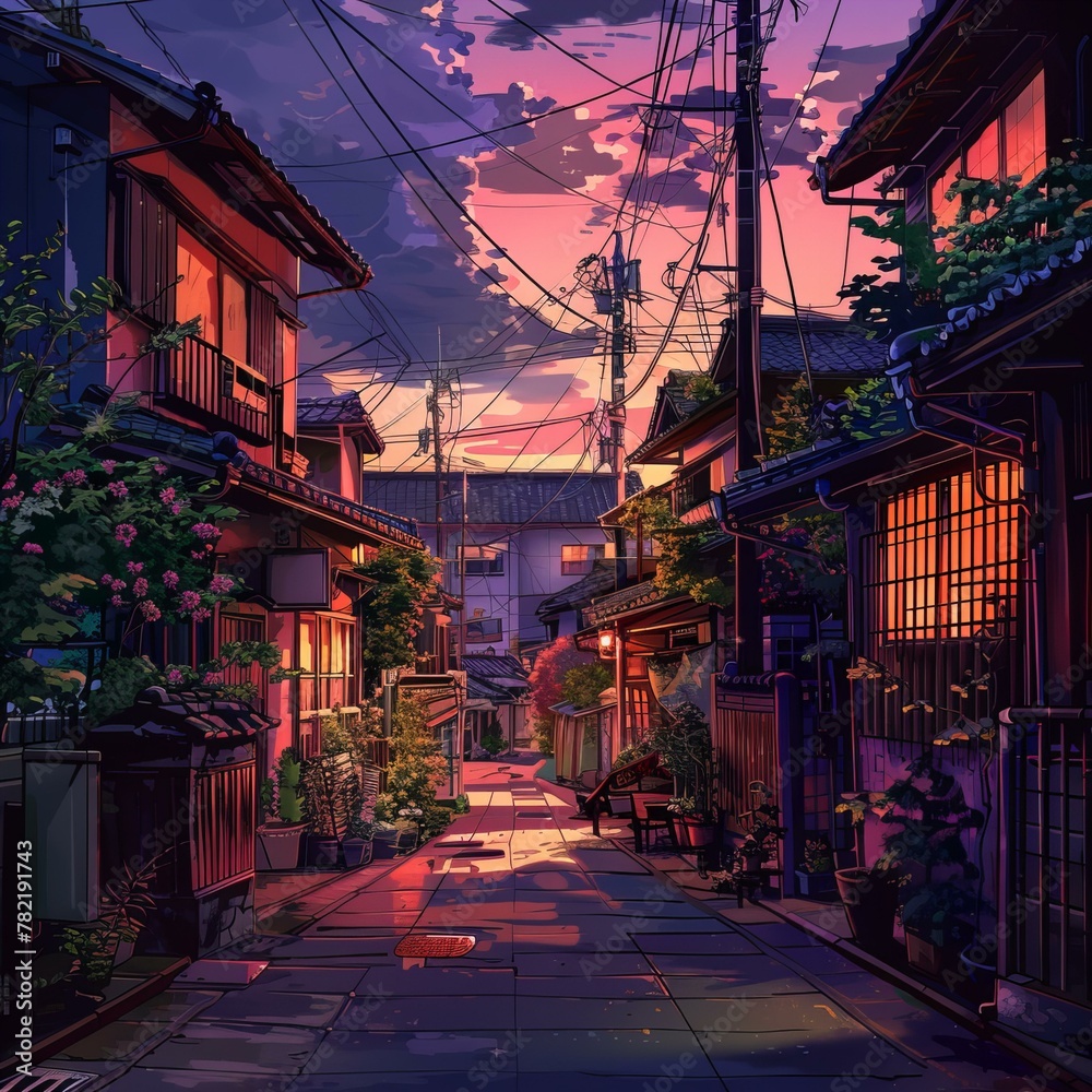 Twilight over a tranquil Japanese street. Digital illustration with a calming evening