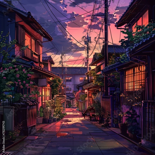 Twilight over a tranquil Japanese street. Digital illustration with a calming evening photo