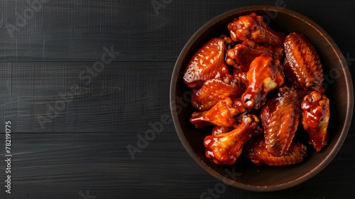 A bowl filled with classic spicy buffalo chicken wings placed on top of a wooden table