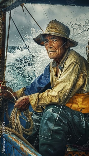 Fisherman braving the storm at sea. Dramatic and dynamic weather portrait with a resilience