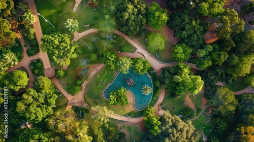A drone captures a park landscape with lush trees and a serene pond