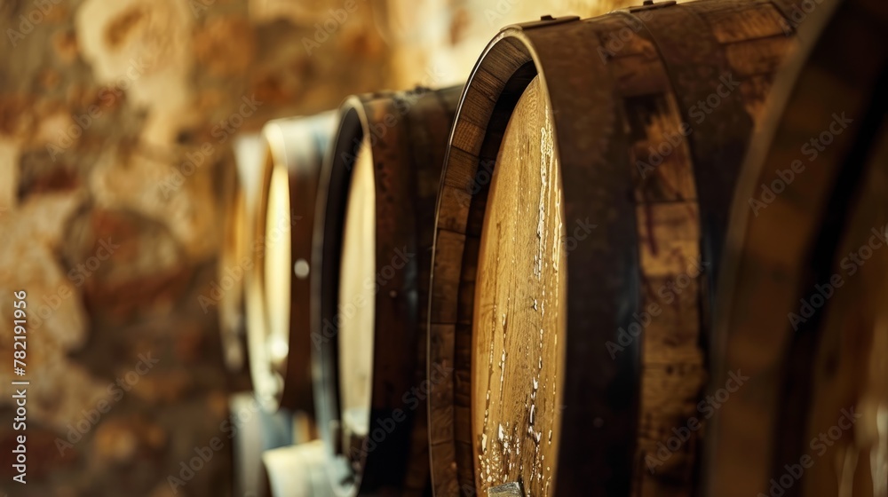 A closeup shot of a row of wine barrels, showcasing the aged golden fortified wine and intricate details