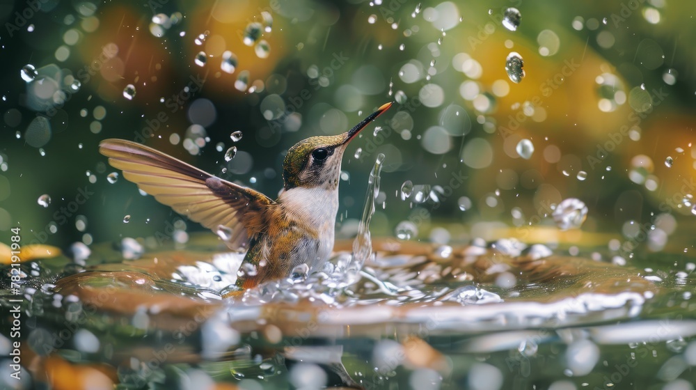Fototapeta premium A colorful hummingbird energetically bathes in a pool of water, showcasing its vibrant feathers