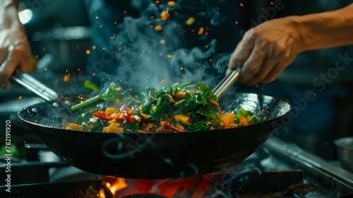 Closeup of hands skillfully tossing vibrant vegetables in wok on stove