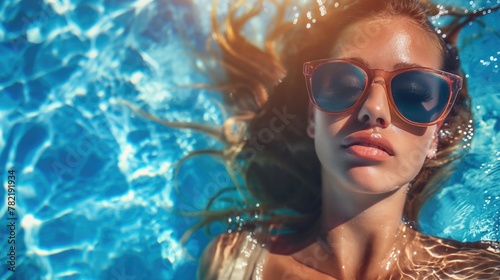 Closeup top view of a woman in sunglasses laying on the blue water of a swimming pool or sea with space for copy © GulArt