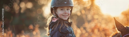 Smiling girl in a helmet ready for horseback riding. Outdoor activity and equestrian theme. © kilimanjaro 