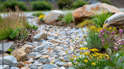 Closeup of a garden featuring a variety of rocks and vibrant flowers carefully arranged in a rain garden setting