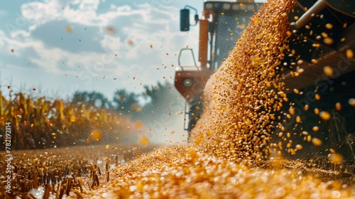 A combine harvester unloads grain onto a truck in an action shot with cascading corn seeds photo