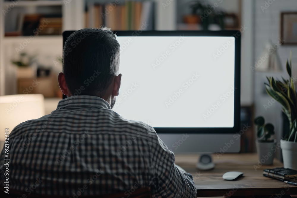 Application mockupover the shoulder shot of a adult man in front of a computer with an entirely grey screen