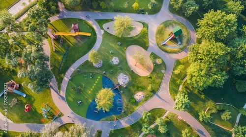An aerial perspective of a park showcasing a playground area integrated with surrounding greenery and park layout