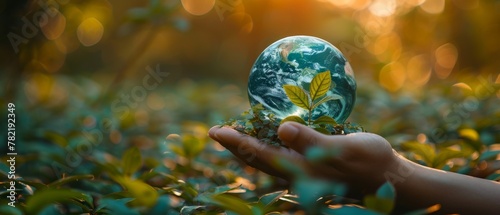 An Earth crystal blue glass globe is held by a human hand with a fresh green leaf on a blurry sky and trees background. This could be a World Earth Day card.