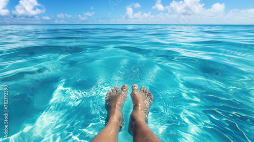 Closeup woman bare feet in the blue transparent water of sea or pool against blue cloudy sky with space for copy photo