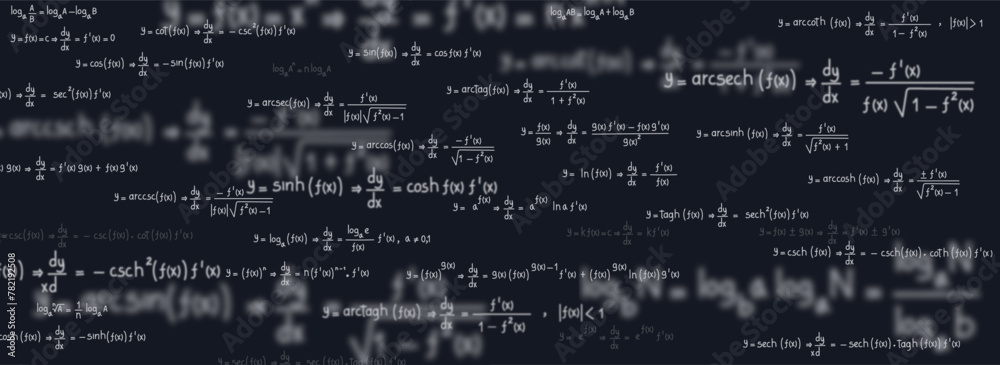 School and university notes on equations and formulas of logarithms, derivatives, trigonometric, logarithmic, hyperbolic and inverse on black background - obrazy, fototapety, plakaty 