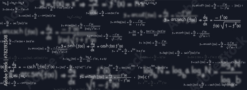 School and university notes on equations and formulas of logarithms, derivatives, trigonometric, logarithmic, hyperbolic and inverse on black background