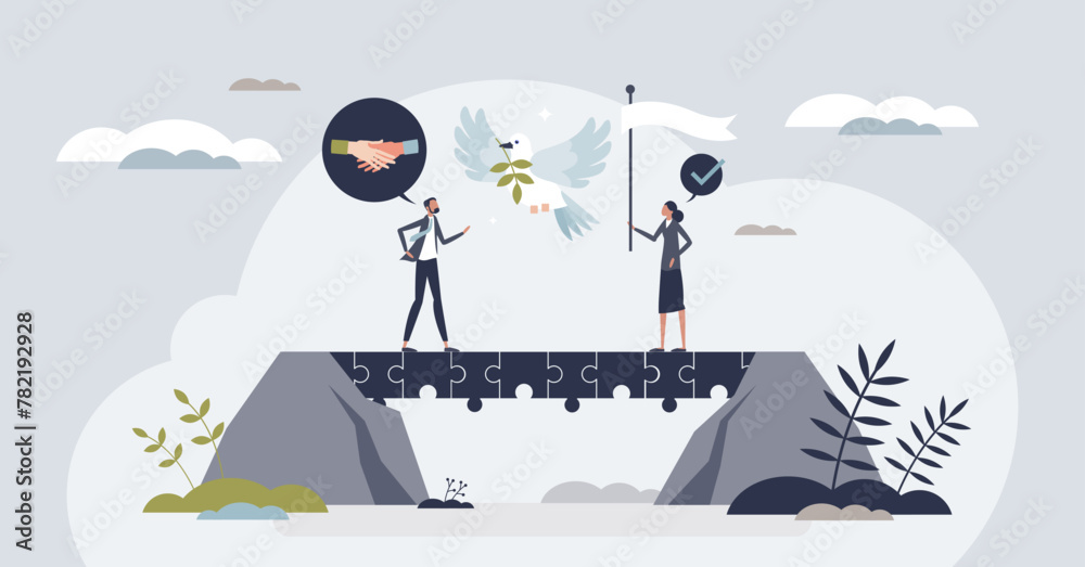 Fototapeta premium Conflict resolution and peaceful business agreement tiny person concept. Find solution and compromise with settlement after negotiations resolving and successful communication vector illustration.