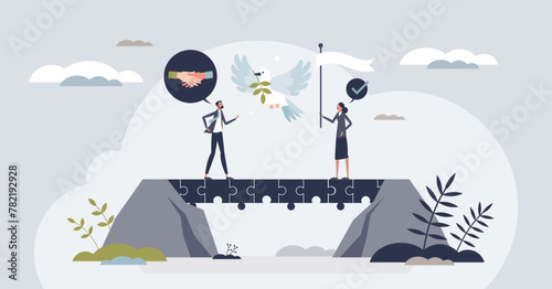 Conflict resolution and peaceful business agreement tiny person concept. Find solution and compromise with settlement after negotiations resolving and successful communication vector illustration. © VectorMine
