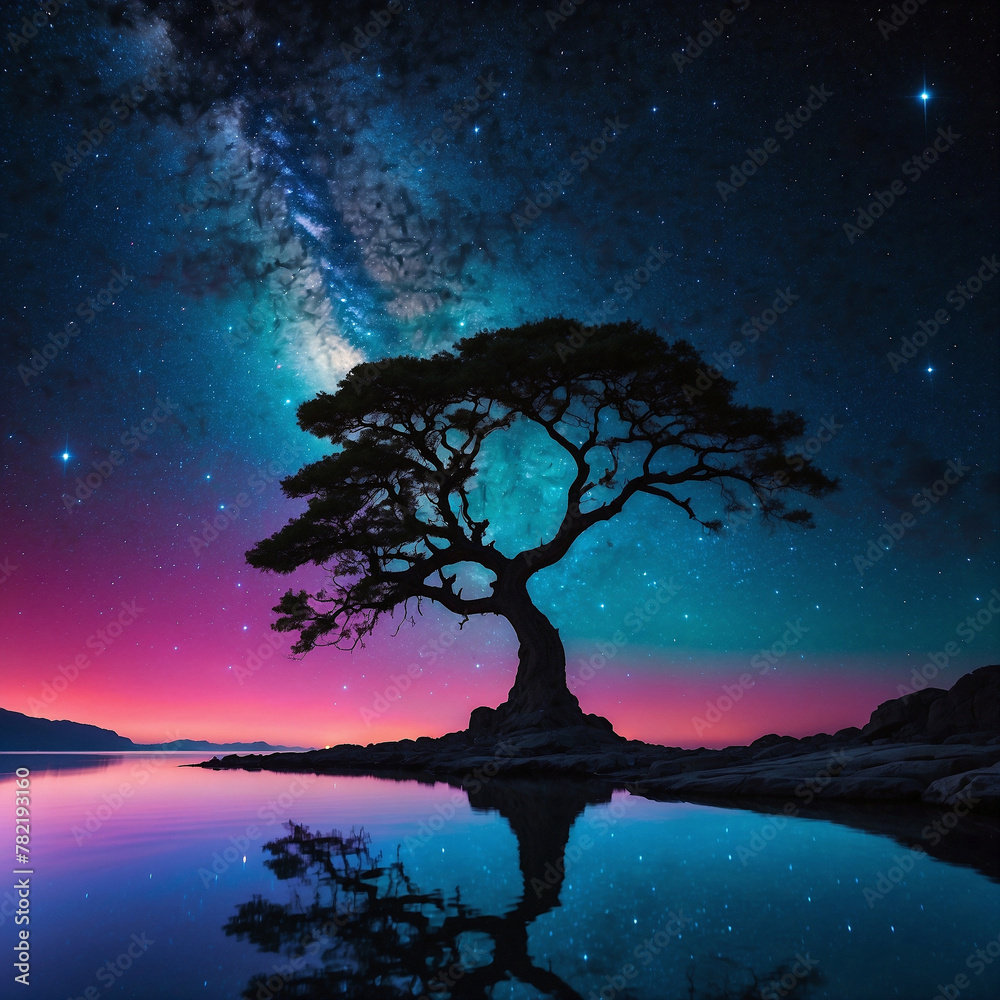 Starry Night Reflection: Tree Silhouette in Tranquil Lake Landscape Starry Night Reflection: Tree Silhouette in Tranquil Lake Landscape