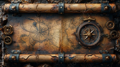 Steampunk scroll with compass and cogwheels in 3D