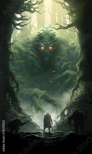 Epic fantasy artwork in the style of J.R.R. Tolkien: Warriors confronting an ancient forest entity photo