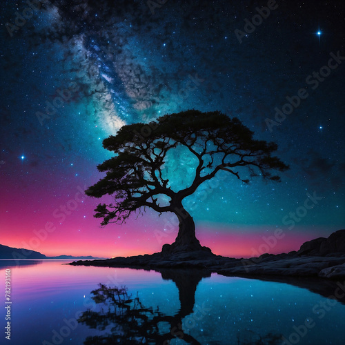 Starry Night Reflection: Tree Silhouette in Tranquil Lake Landscape