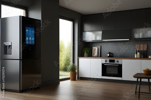 Showcase the power of the Internet of Things with a visually stunning image of a smart home filled with various connected devices and appliances AI, such as smart refrigerators, coffee makers, and ove photo