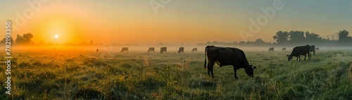 Cattle grazing at sunrise in a misty meadow. Rural farming landscape photography photo