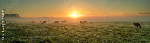 Cattle grazing at sunrise in a misty meadow. Rural farming landscape photography