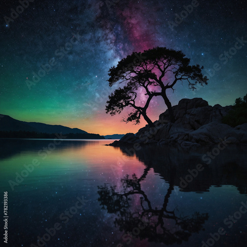 Starry Night Reflection  Tree Silhouette in Tranquil Lake Landscape