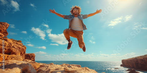 Ein Mann in legerer englischer Kleidung, der vor Freude und völliger Ekstase hüpft. photo