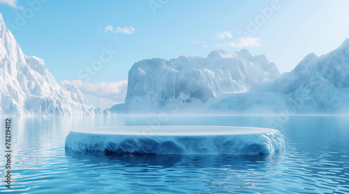 Serene arctic landscape with calm sea and floating icebergs under a clear blue sky. Empty podium or stage for product presentation. Generative AI