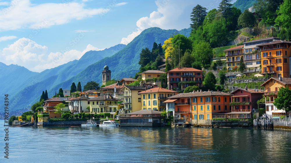 Obraz premium Tranquil lakeside town with colorful houses and lush green mountains. Wallpaper background. Generative AI