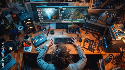 A person sits at a desk, intensely editing videos on multiple computer monitors