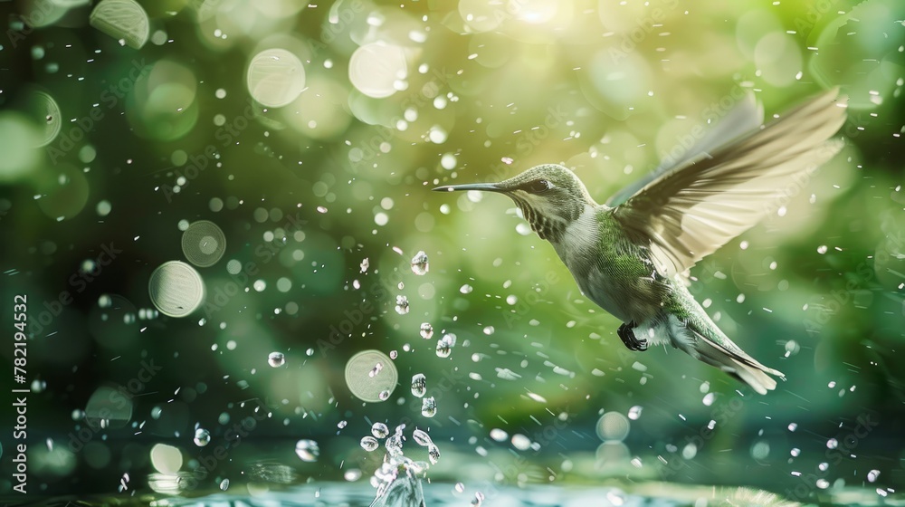 Fototapeta premium A hummingbird in motion hovers above a pool of water with its wings blurred, showcasing its graceful flight over the reflective surface