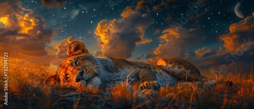 Starry dramatic savannah landscape banner with African lioness and moon night. A proud dreaming fantasy lion in the savannah looking forward, resting and looking forward. Spectacular dramatic starry © Антон Сальников