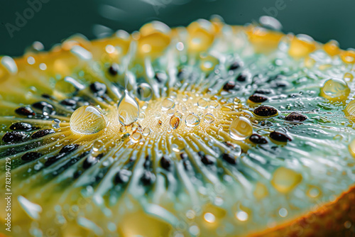 A cross-section of a kiwi fruit  showing its vibrant green flesh and tiny black seeds