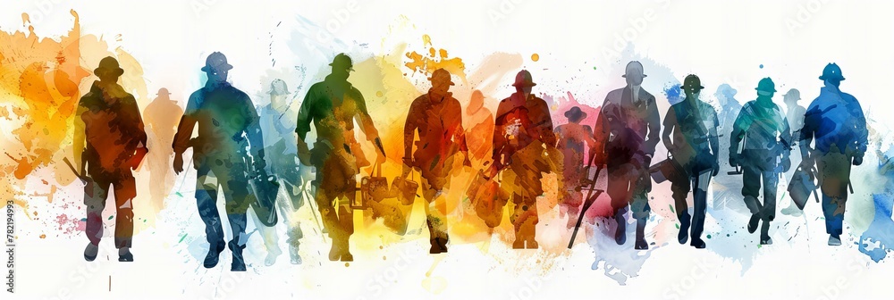 Fototapeta Conceptual watercolor artwork of construction workers on site. Labor Day concept