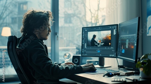 A man sitting at a desk, focused on editing video content on a computer with a high-resolution display