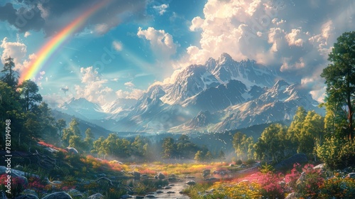 A magical rainbow land with a natural backdrop. Concept Art. Realistic Illustration. Video Game Digital CG Artwork. Fairytale Scenery.