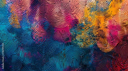 Diverse collection of colorful fingerprints arranged in an intricate pattern with enhanced hues