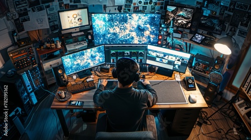 A man sits at a desk in front of multiple computer monitors, focused on his work as a content creator in a busy workspace