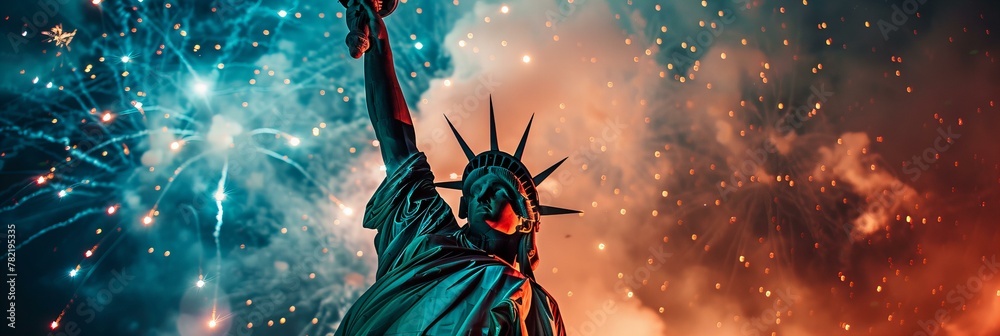 Fireworks display behind the Statue of Liberty. Independence Day celebration - obrazy, fototapety, plakaty 