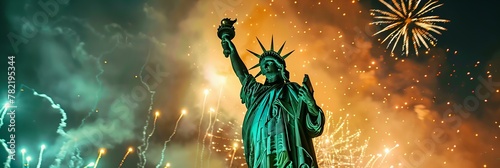 Fireworks display behind the Statue of Liberty. Independence Day celebration