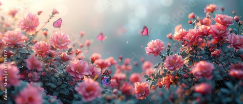 Spring or summer fairytale floral wide banner with rose flowers blossoming on a blurred beautiful background toned in bright colors and shining sun beams. photo