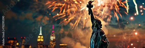 Fireworks display behind the Statue of Liberty. Independence Day celebration photo