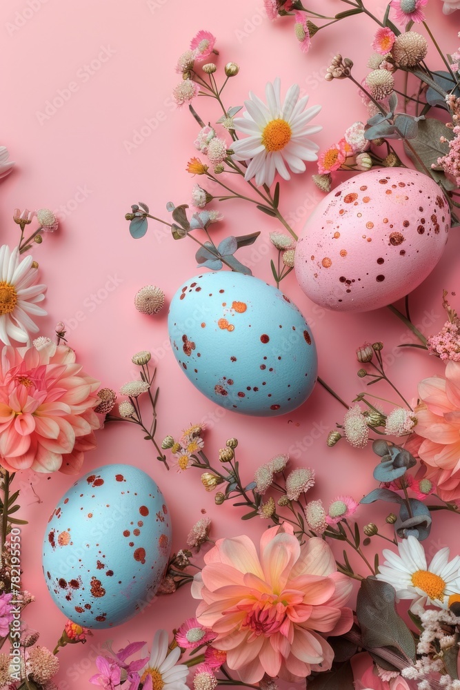 Pink background with colorful eggs and spring flowers. Perfect for Easter or spring-themed designs
