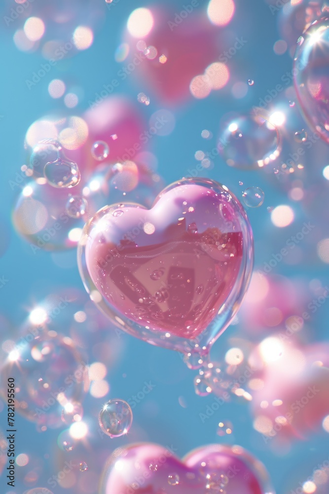 A pink heart surrounded by bubbles on a blue background. Perfect for Valentine's Day designs