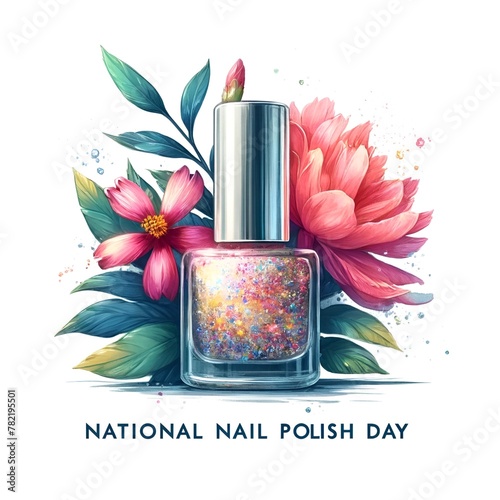 Watercolor illustration of banner for national nail polish day © Marinnai