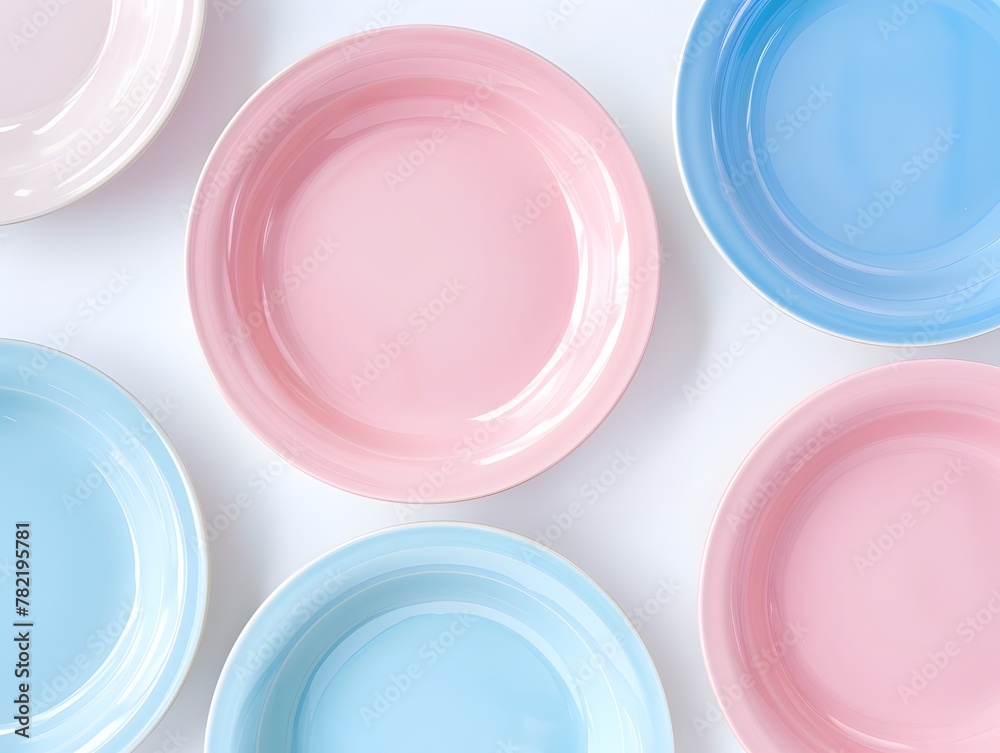 Top view , Pink, Blue, and light Blue pastel coloured plates on white background Top view , Pink, Blue, and light Blue pastel coloured plates on white background
