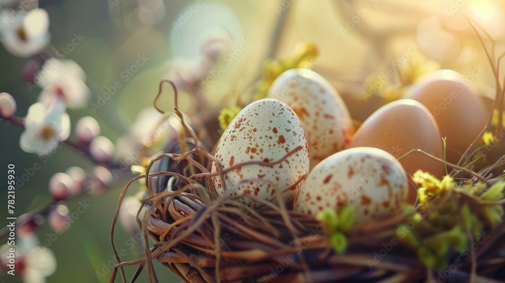 Close up of a bird's nest with eggs. Suitable for nature and wildlife themes